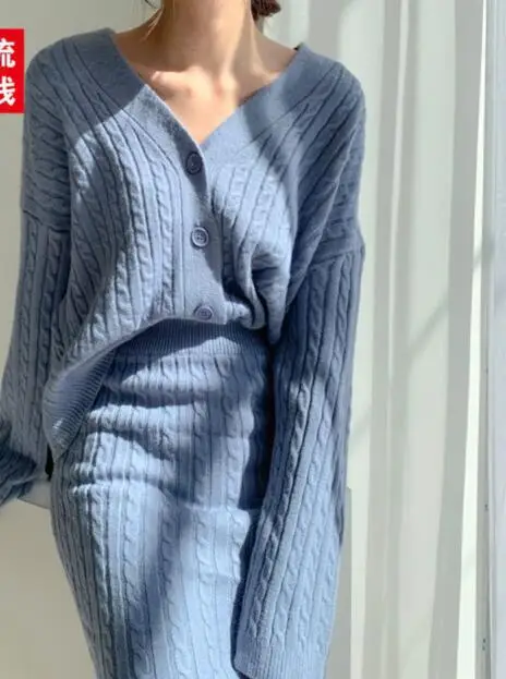 

1set/lot Autumn Winter Casual Set Women Loose Single Breasted Soft Sweater Cardigan Coats and Solid Knitted Skirts