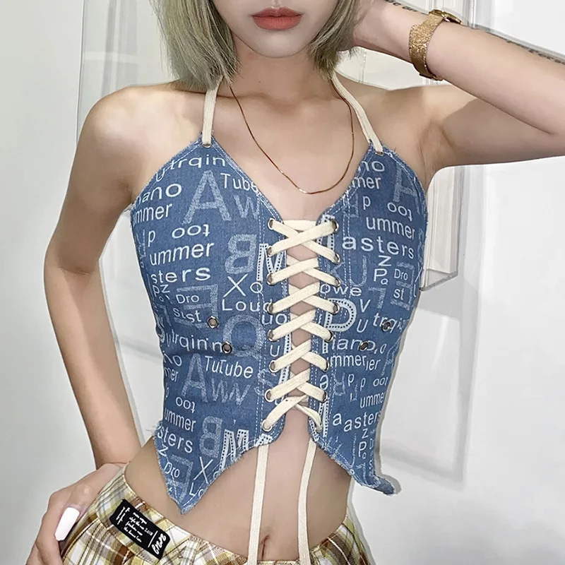 

Y2k Blue Crop Tops for Women 2021 Aesthetics Strapless Cute Cropped Bandage Top Halter Neck Cami Summer Woman Tank Top Female