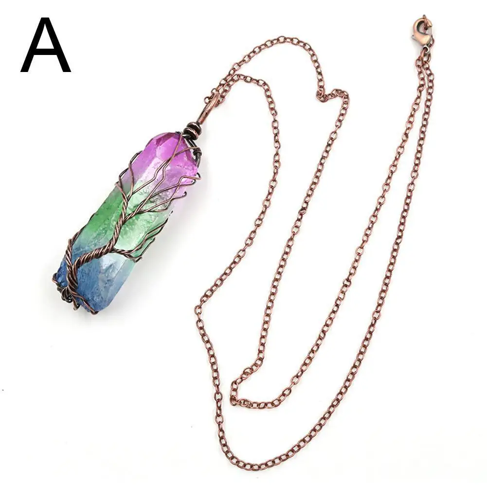 Natural Stone Rainbow Quartz tree of life Pendant Necklace Women Men Pendulum Reiki Healing Chakra Boho Jewelry Colorful - Окраска металла: A