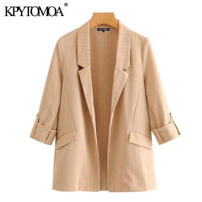 Женский блейзер в полоску KPYTOMOA винтажный с длинными рукавами и карманами верхняя