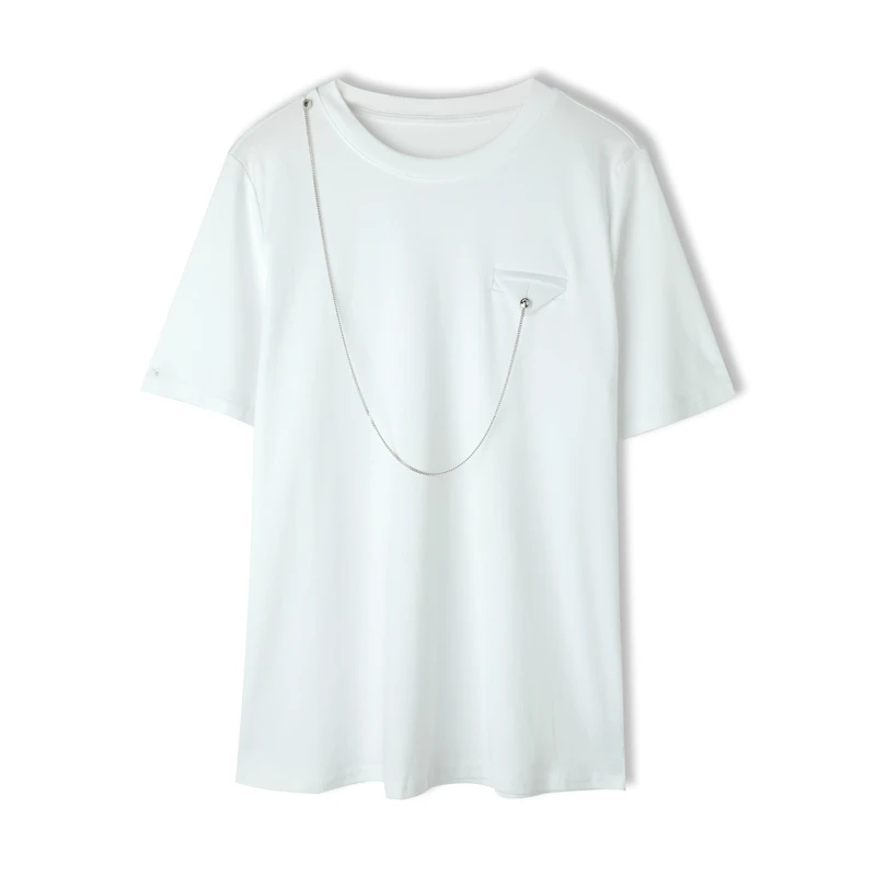 

2021 summer new all-match corner pockets, chain, pure cotton T-shirt, women's solid color short-sleeved top, free shipping-A11
