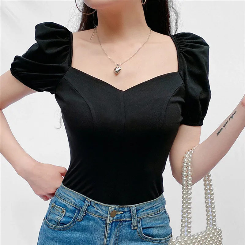 Винтажная Женская забавная футболка с пышными короткими рукавами топы футболки