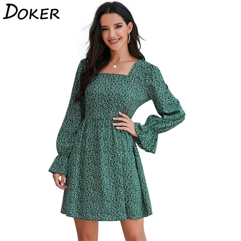 Женское зеленое платье с длинным рукавом и цветочным рисунком Осень зима 2020