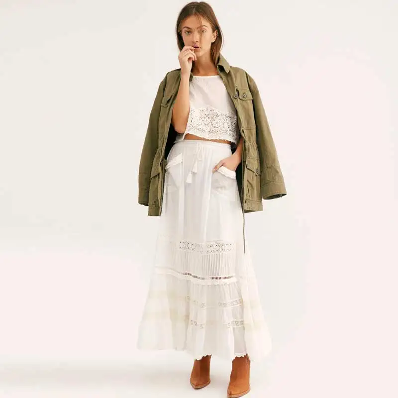 Богемный Вдохновленный Женская белая длинная юбка с накладными карманами