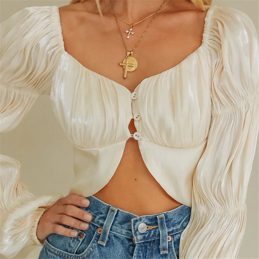 Сексуальная Женская атласная футболка с пышными рукавами топы осенние женские