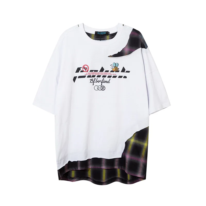 

Harajuku Hip Hop Letters Print Tees Summer Fashion Couple Tops Plaid Patchwork Fake Two Piece Short Sleeved Loose T-shirts Men