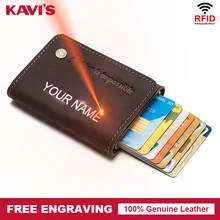 New RFID Blocking Men Automatic Credit Card Holder Crazy Horse Leather RFID Wallet Aluminum Mini Wallet Pocket ID Card Purse