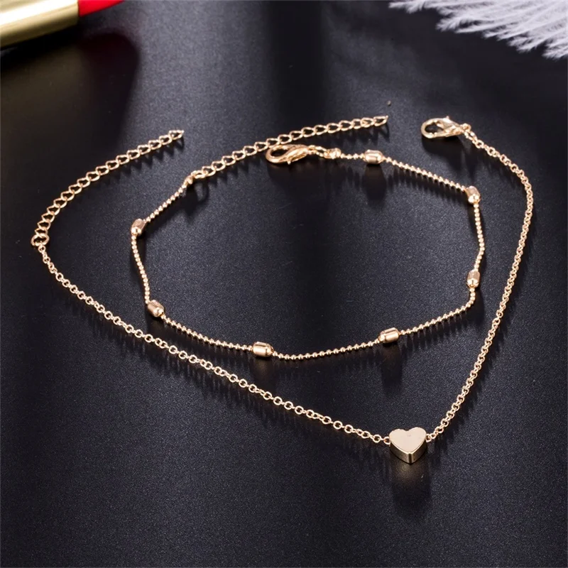

Two Layers Chain Heart Style Color Anklets For Women Bracelets Summer Barefoot Sandals Jewelry On Foot Leg Chai