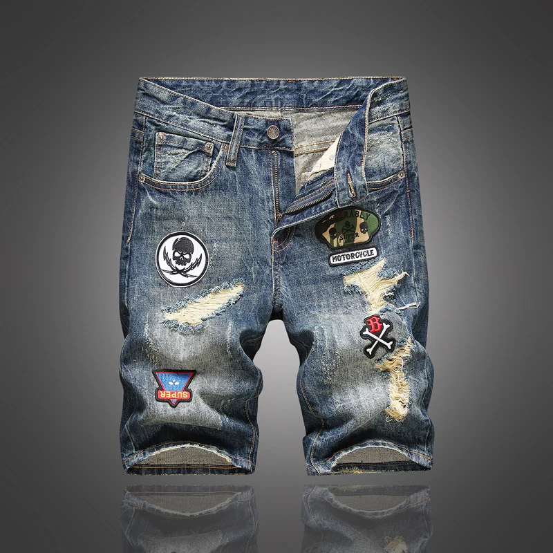 

Newly Designer Fashion Men Jeans Shorts Retro Blue Patches Designer Ripped Denim Shorts Hombre Summer Hip Hop Short Jeans Men