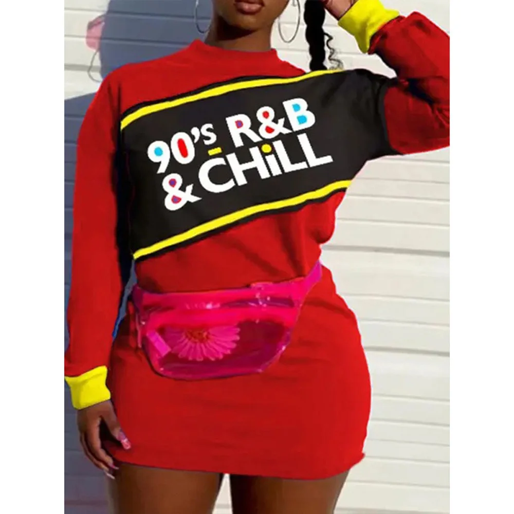 

4XL 5XL Plus Size Red Dresses for Women Letter Printed Full Sleeve Pullovers Bodycon Evening Night Club Vestidos Mujer Dress Hot
