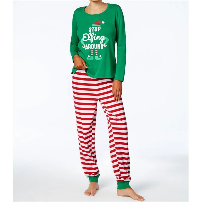 Christmas Family Pajamas Set Printed Long Sleeve Top & Stripe Pants Sleepwear Loungewear Men Women Kid Homewear