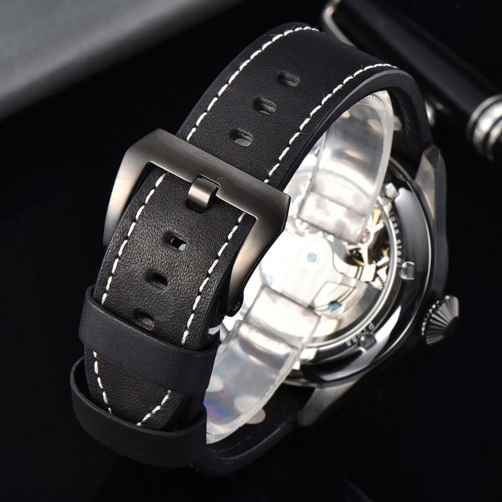 Corgeut 46MM Mens Hollow Tourbillon blue dial sapphire leather steel black case Automatic moon phase calendar mechanical watch | Наручные