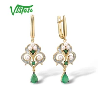 vistoso gold earrings for women 14k 585 yellow gold emerald fresh water pearl diamond wedding anniversary elegant fine jewelry