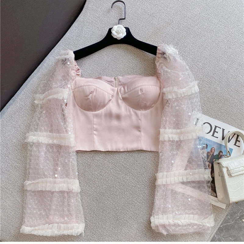 

Sexy Shirt for Women Autumn New Korean Fashion Sweet Sequined Mesh Sleeves Tube Top Lace Blouses Lady Blusas Pink White