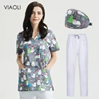 Новые цветные с изображением животных, из хлопка, с цветочным принтом, форма для салонов красоты скрабы Женская рабочая одежда лабораторная Униформа pet shop равномерные, одежда