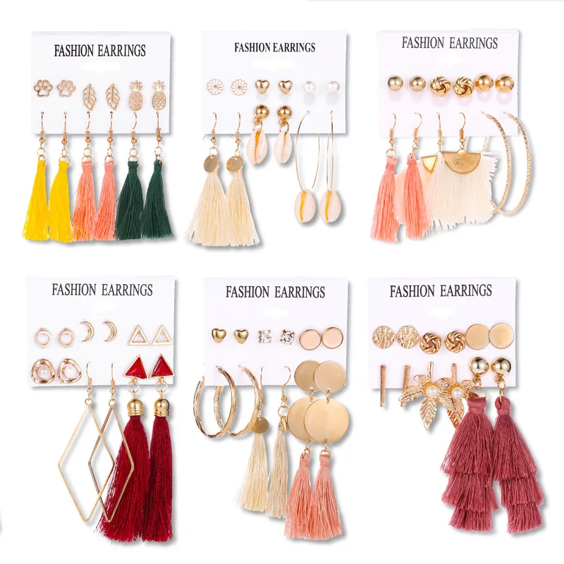 

6Pcs/Set Bohemian Tassel Dangle Earrings For Women Ethnic Geometric Metal Gold Color Circle Hoop Earring 2021 Party Jewelry Gift
