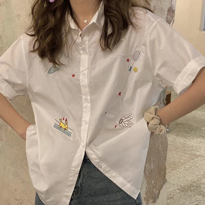 Женские рубашки с мультяшными изображениями летняя Корейская вышитая милая