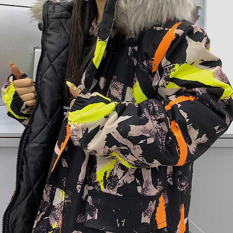 

NiceMix Hong Kong Style Camouflage Removable Shoulder Large Fur Collar Cotton-padded Clothes Loose-Fit women Outerwear 2020 Wint
