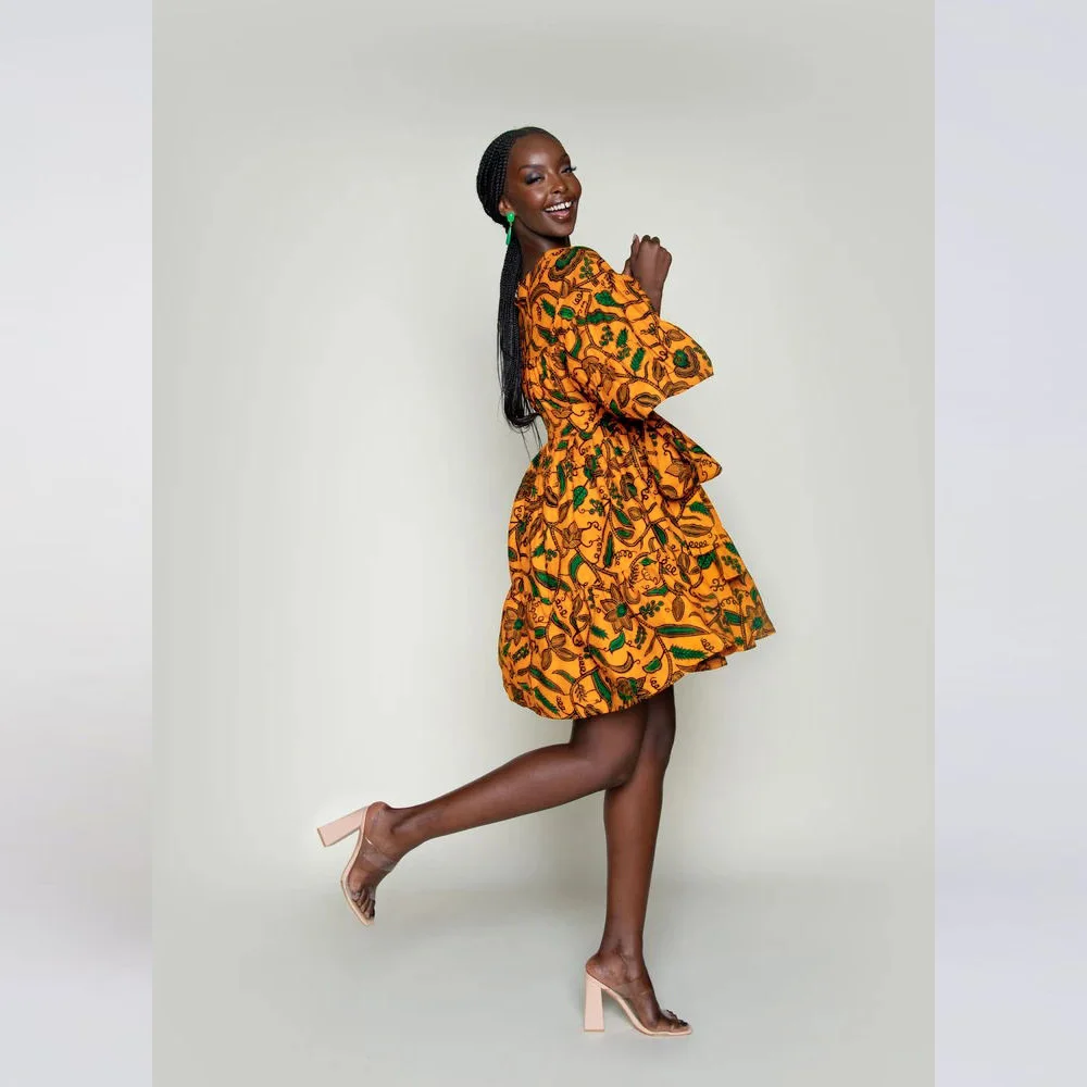 

African Style Digital Printing Women's Fashion O Neck 3/4 Sleeve Dress with Belt Summer Ladies Dresses for Women Plus Size