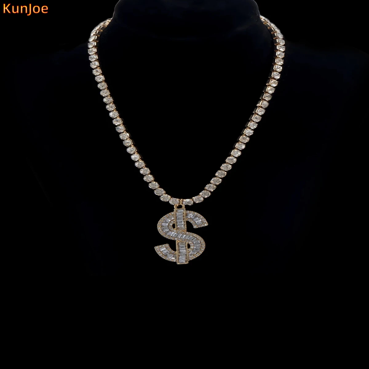 

KunJoe Hip Hop Rap Gold Color US Dollar Pendant Necklace Tennis Chain Accessories Hiphop Bling Jewelry For Women Men Jewelry
