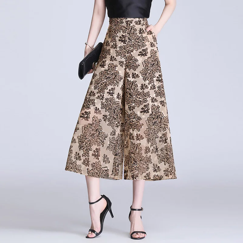 Summer Women High Waist Thin Wide-Leg Pant Floral Chiffon Ankle-Length Pants Female Fashion Eight-Point Skirt Trousers RE2086