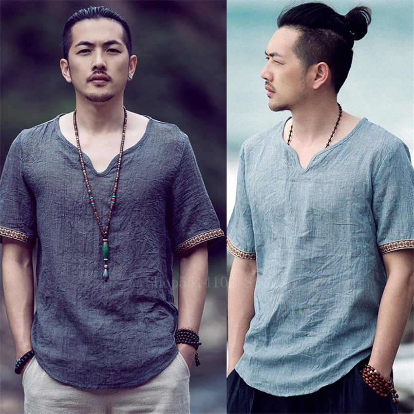 Футболка мужская из хлопка и льна льняная рубашка с коротким рукавом