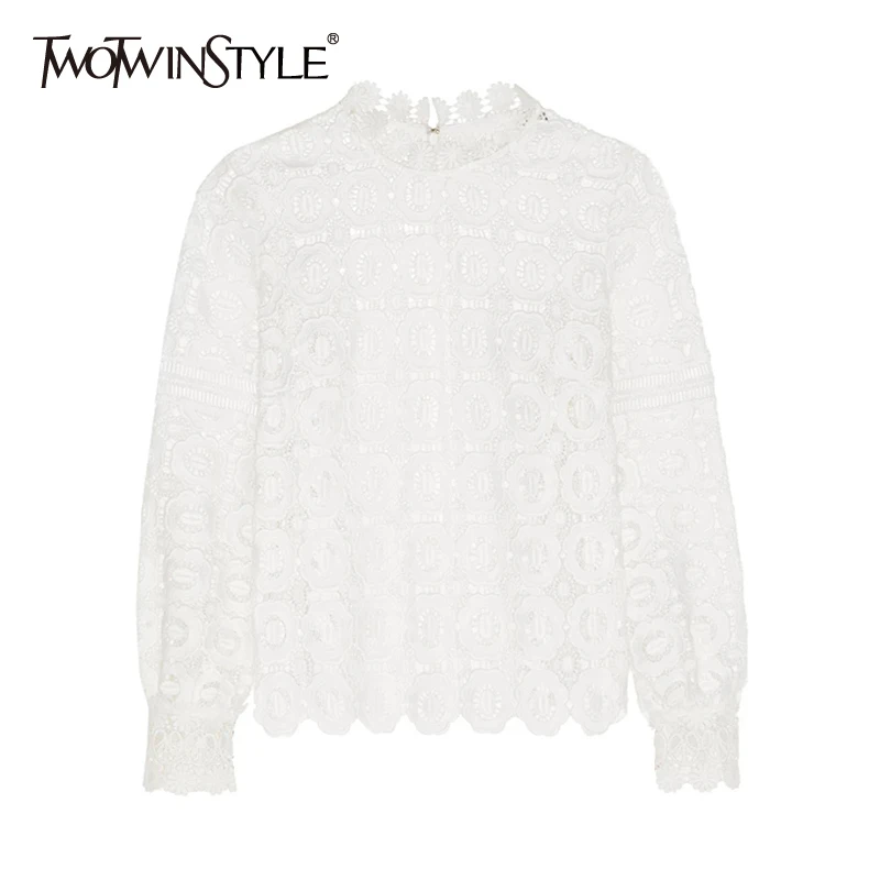 

TWOTWINSTYLE Lace T Shirt Female Lantern Sleeve Floral Hollow Out Stand Collar Pullover T Shirts 2020 Fashion Vintage Clothing