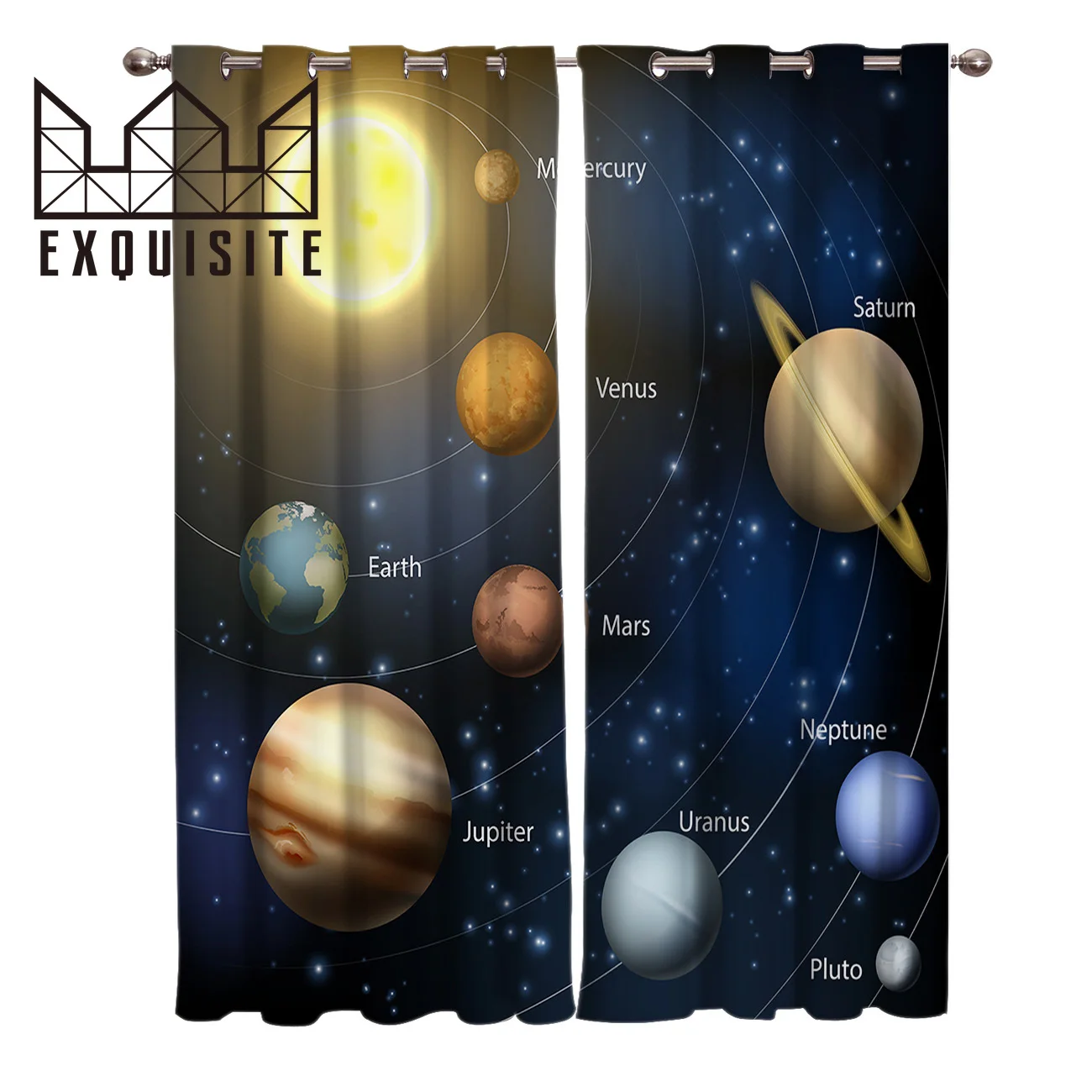 Exquisite House Solar System Planet Around The Sun Rotating Label Polyester Window Curtains Living Room Kitchen Bedroom Drapes