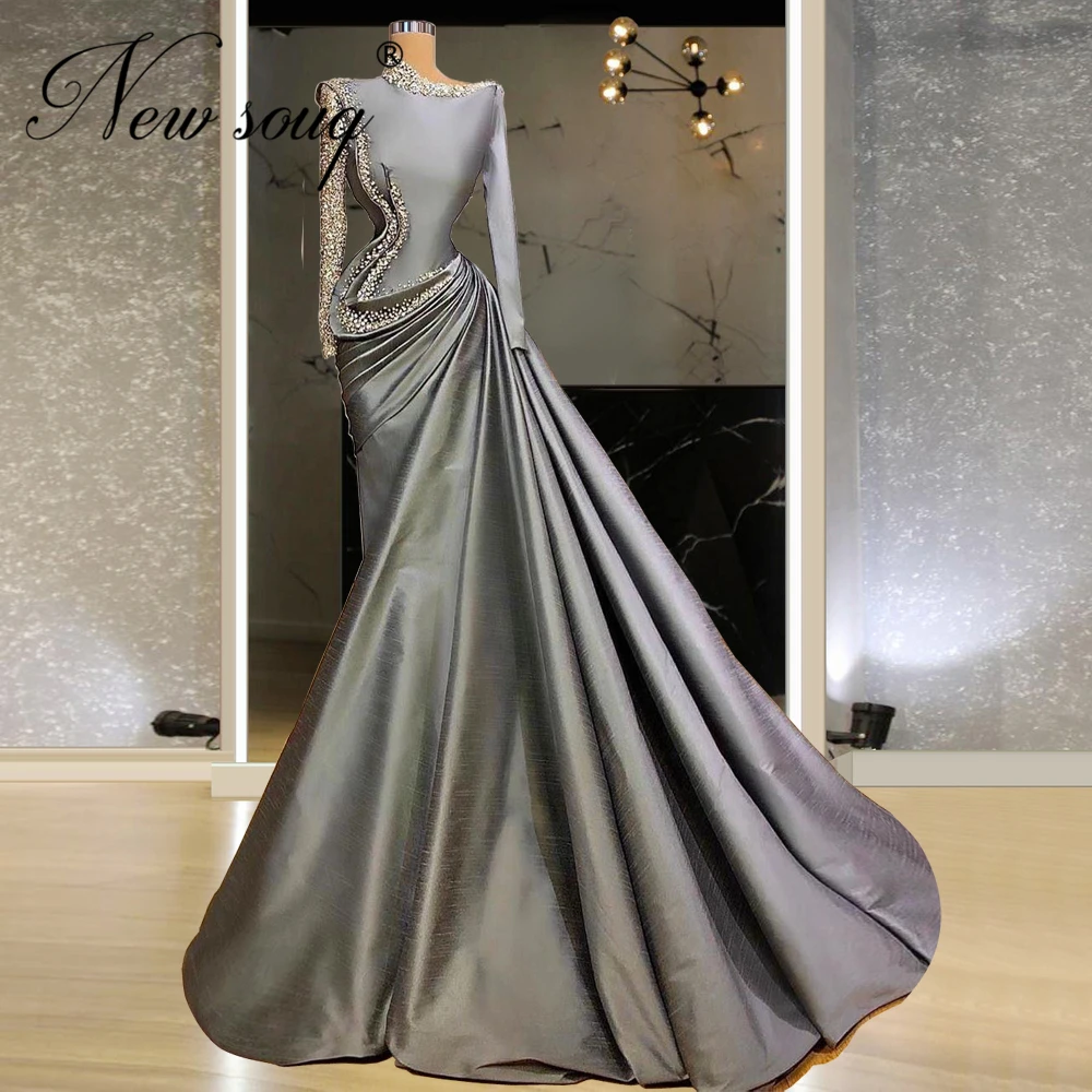 

Sliver Satin Mermaid Evening Dresses With Beaded Middle East Muslim Long Sleeve Red Carpet Celebrity Dresses Prom Gowns Dubai