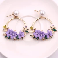 cherry blossom flower big circle hoop earrings dangle earrings rhinestone trim pearl earrings for women party sweet gift