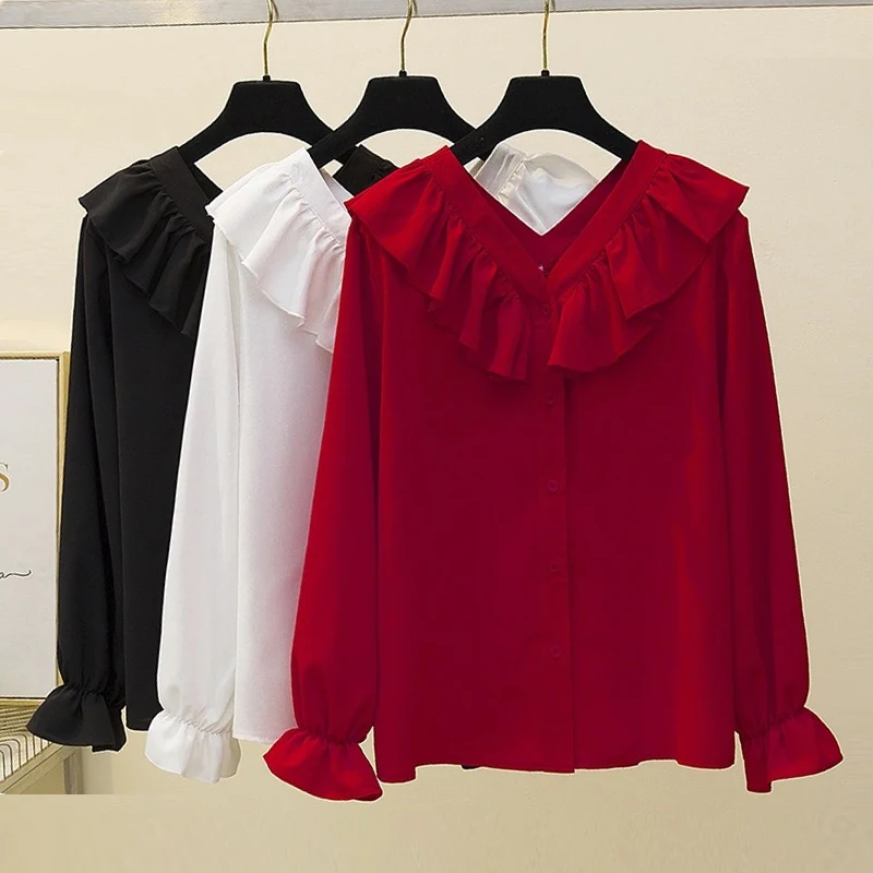 

SURUFENG Casual Solid Ruffle Blouse Autumn Long Sleeve Women Shirts Elegant Lady V-Neck Button Tops Blusa Plus Size S-3XL