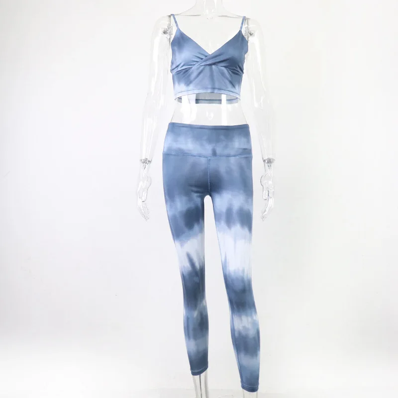 

NORMOV New Printing Gradient Fitness Sets Women Sexy V-Neck Sleeveless Push Up Bras Set Woman High Waist Elastic Workout Suit