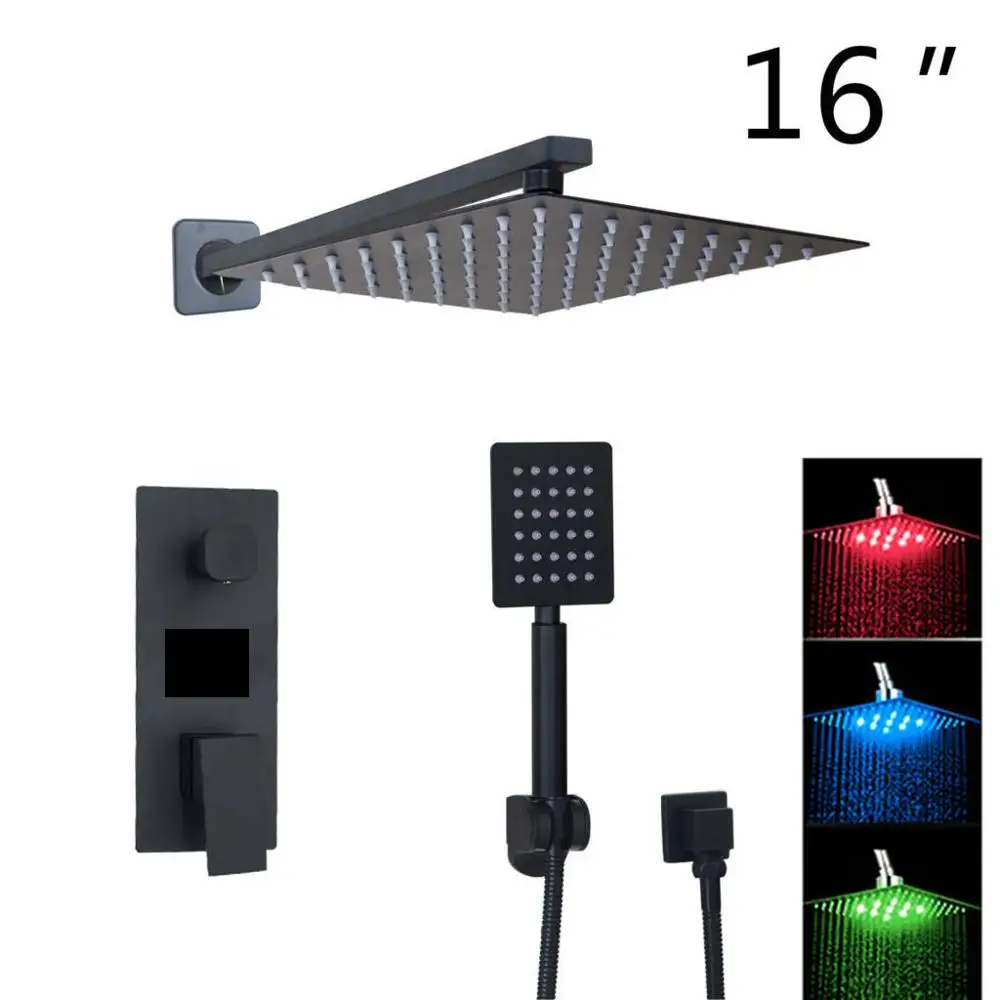 16 LED KEMAIDI Ванная комната душевой кран 3 функции черный цифровой смесители для душа набор осадков Насадки для душа 2 Цифровой оптический кабель Дисплей смесителя - Цвет: 16 LED