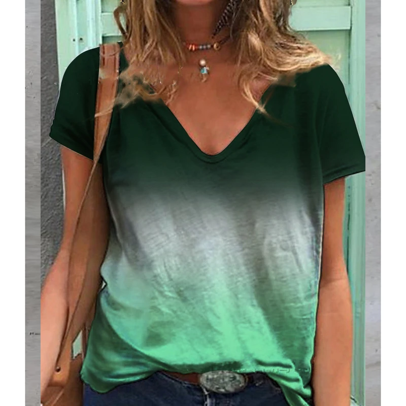 

Gradient Pattern Printing Tops Women Summer V-Neck Short Sleeve Tee Shirts Casual Loose Oversized T-Shirt Plus Size Clothes