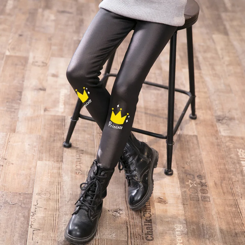 Теплые леггинсы из искусственной кожи для девочек Плотные штаны детей