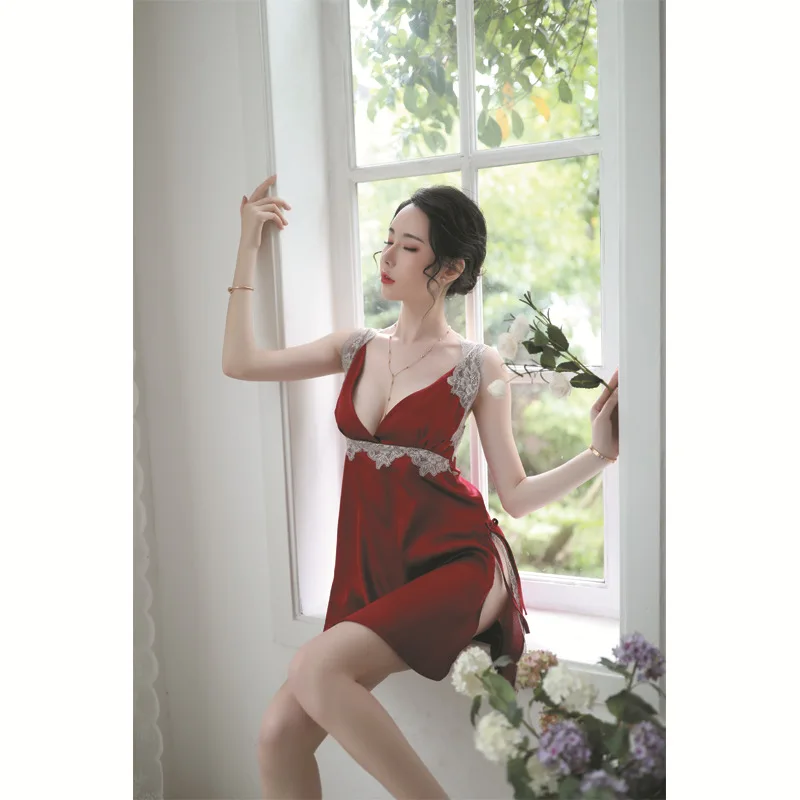 Атласная Домашняя одежда кружевное Женское ночное белье шелковое нижнее платье