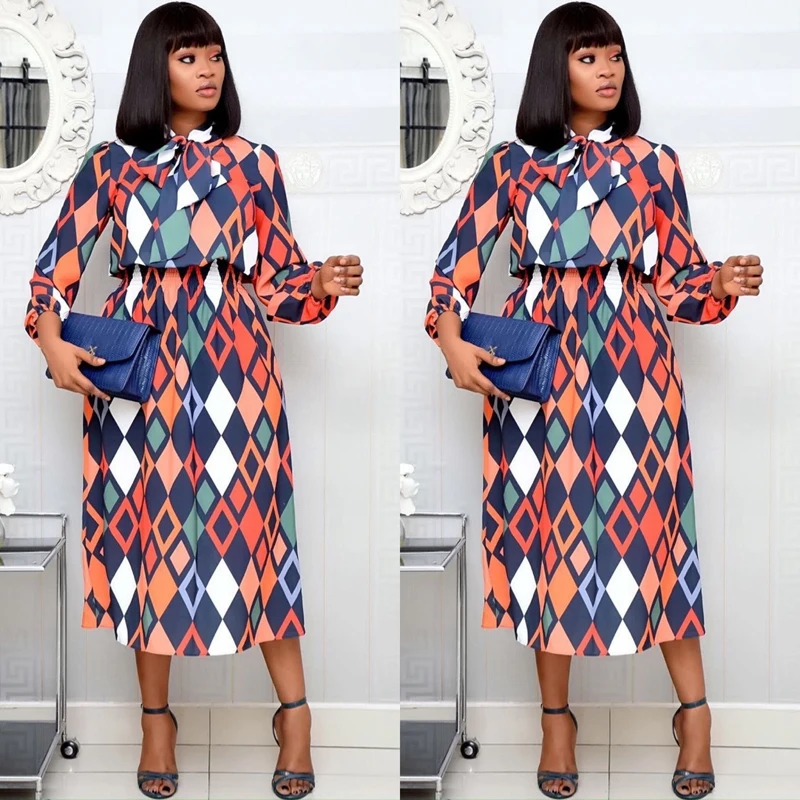 

African Fashion Summer Mid-Calf High Waist Dress Big Plus Size Geometric Printed Elegant Office Ladies Tunic Pleated Midi Dress
