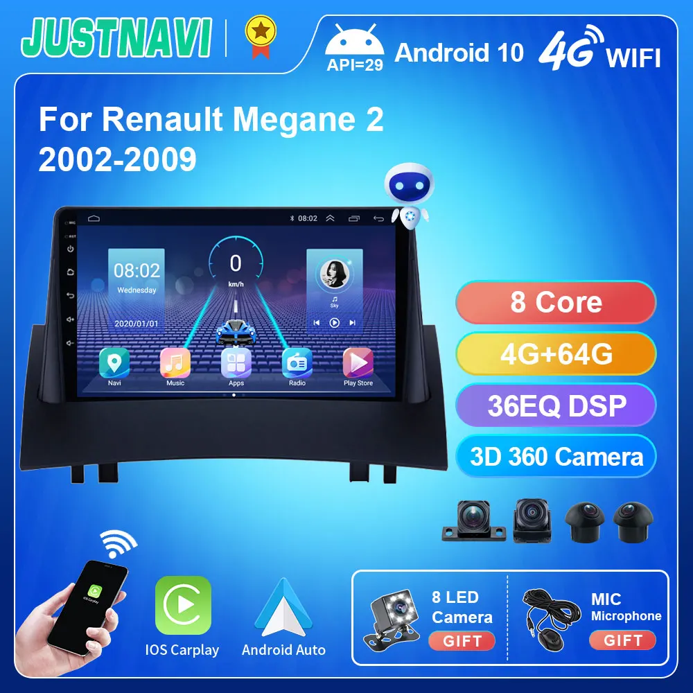 JUSTNAVI Android 10.0 Carplay Auto Car Radio For Renault Megane 2 2002-2009 Multimedia Video Player 2Din Navigation GPS WIFI DVD