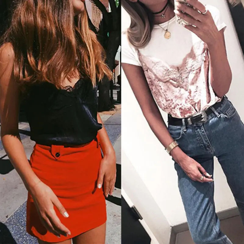 Summer Women's Lace Floral Camiser V Neck Tops Sleeveless Strap Velvet Solid Pink Red Blue Black Sexy Camisole | Женская одежда