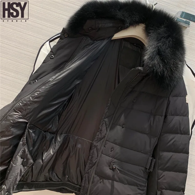 【HSY】 Осень Зима женский пуховик Белый Лисий меховой воротник 90% белый гусиный пух уличная Лыжная Талия пуховик черный/whi