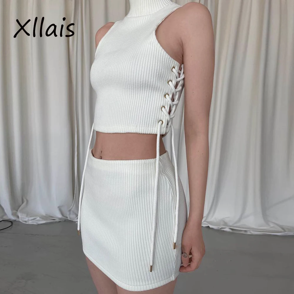 

XLLAIS вязаный свитер с высоким воротником костюм на шнуровке короткий топ и мини-платье комплект из двух предметов женские комплекты для улич...