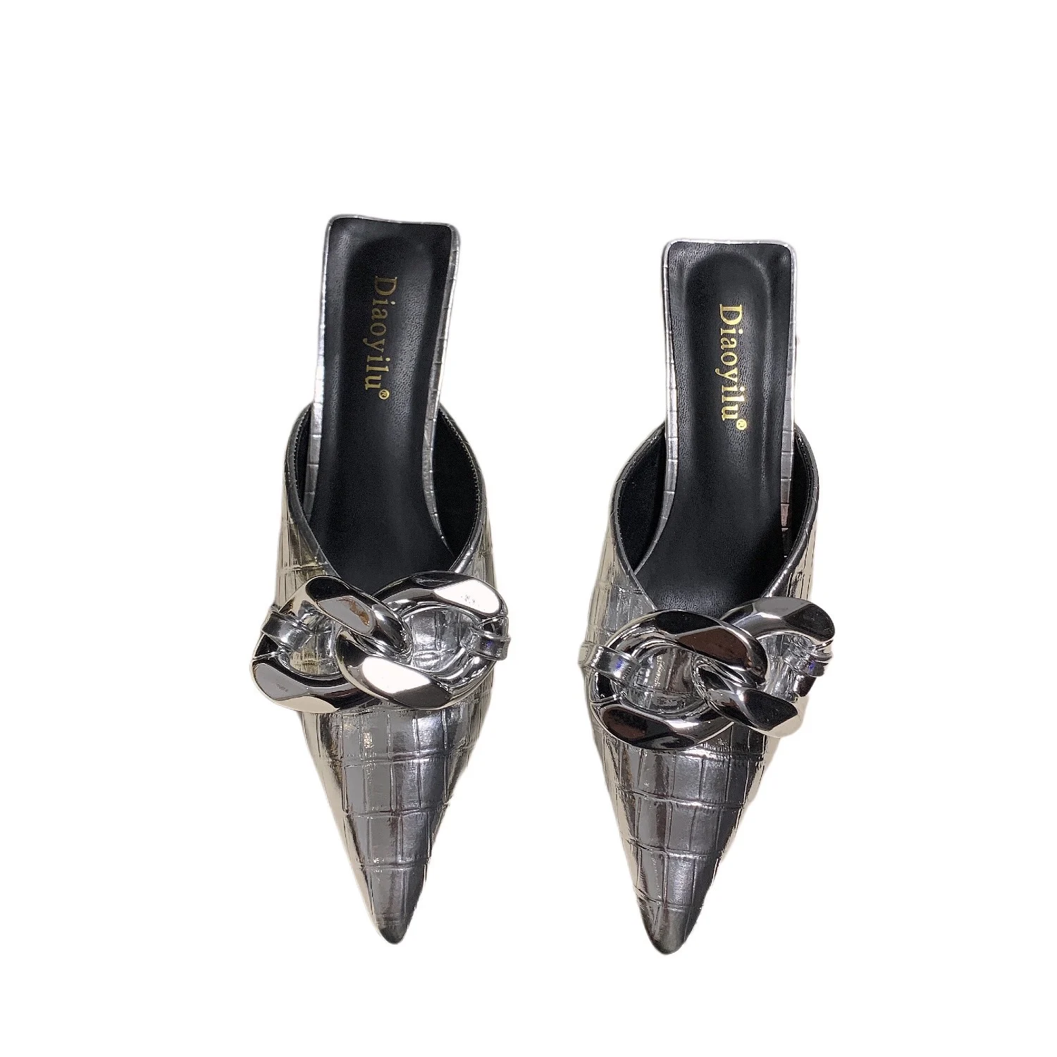

2021 summer new metal buckle decoration with special stone pattern pu pointed toe stiletto slippers women
