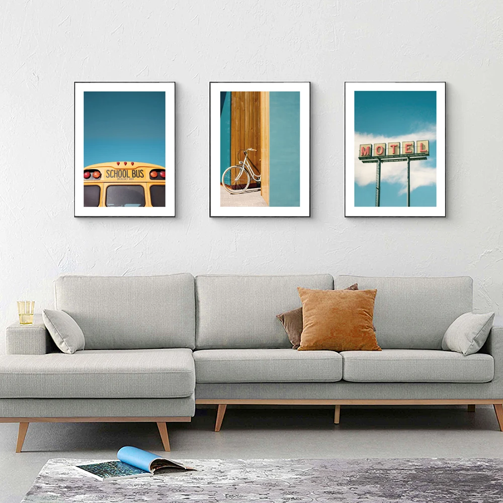 

Motel Sign Old Bicycle Poster Yellow School Bus Canvas Painting Vintage Art Print Nordic Wall Picture For Living Room Home Décor