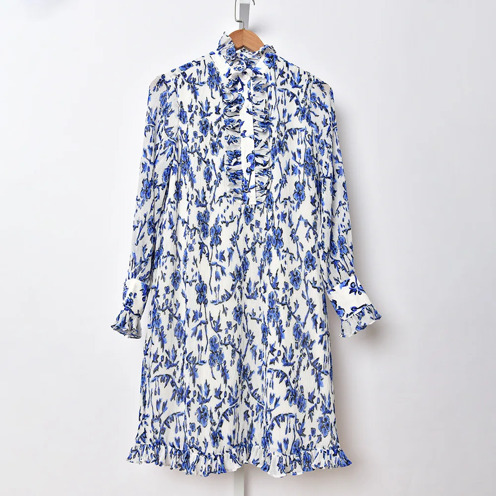 

Dress 2021 Women Autumn and Winter New Temperament Lady Style Ruffled Lace Single-breasted Printed Dress Women