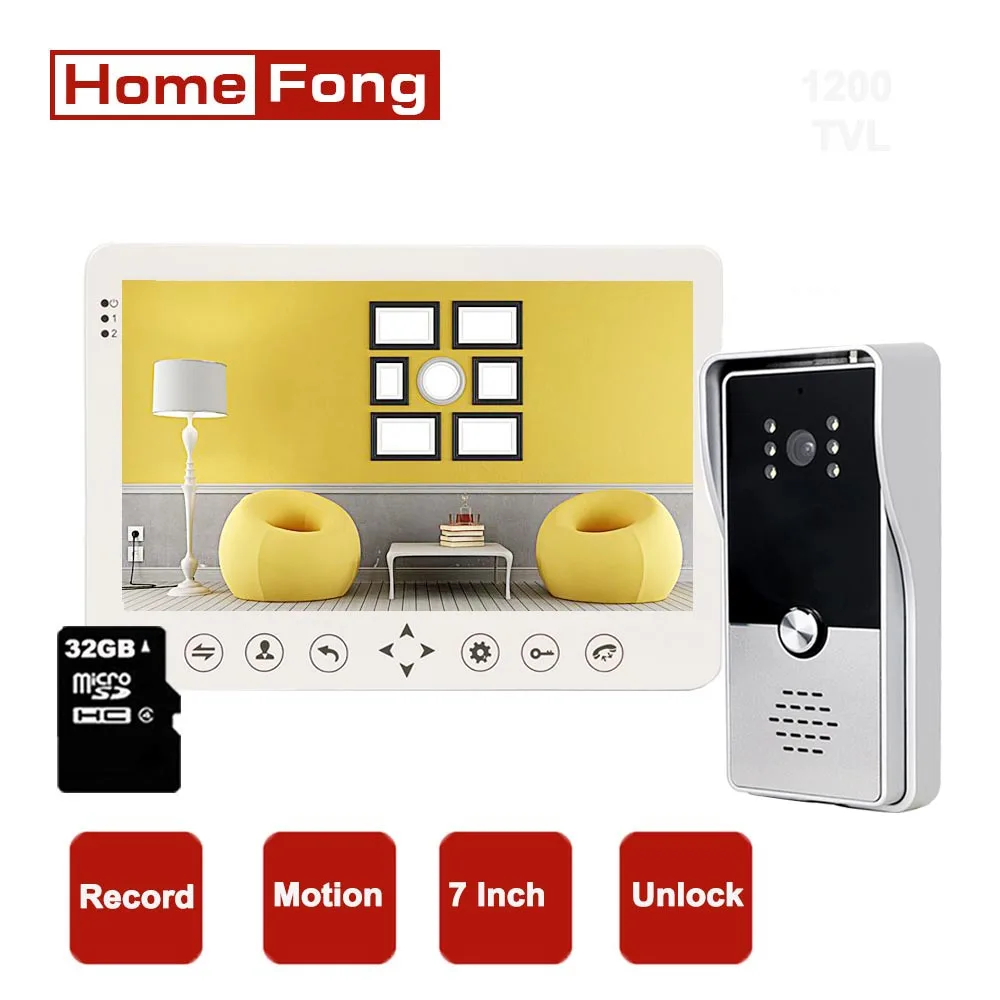 

Homefong 7 Inch Home Intercom System for Villa Video Door Phone Doorbell Camera 1000TVL Record 32GB Card Unlock Rainproof