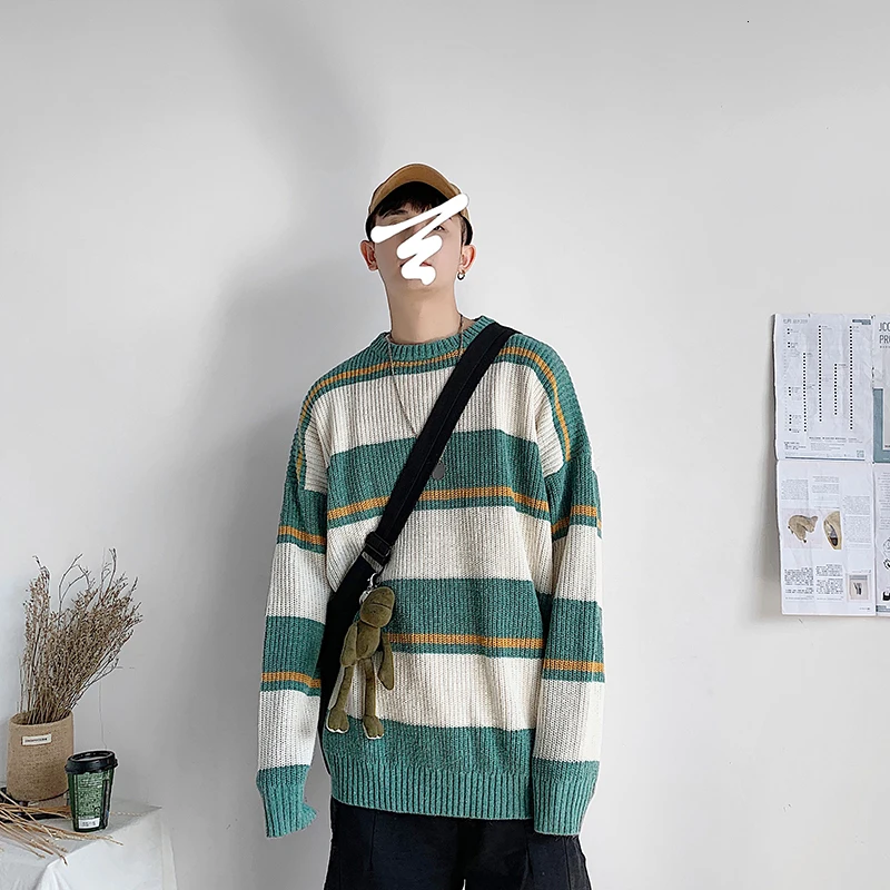 Зимний полосатый свитер мужской теплый модный Контрастный ЦВЕТНОЙ Повседневный