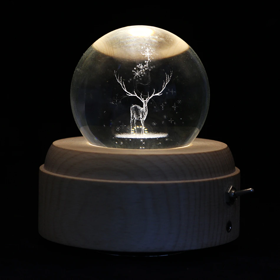 Горячая 3D Лось Луна хрустальный шар деревянная музыкальная шкатулка светящаяся