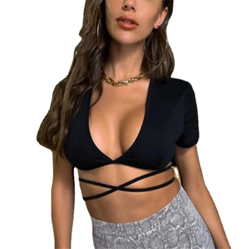 

NDUCJSI Deep V-Neck Sexy Skinny Tshirts Women Solid Crop Top Short Sleeve Criss Cross Bandage Shirts Clothes Vintage Tees