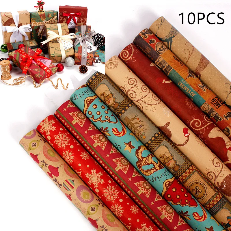 

10pcs Christmas Pattern Craft Paper Christmas Gift Packing Paper Retro Kraft Papers New Year Gift Pack Christmas Home Decor