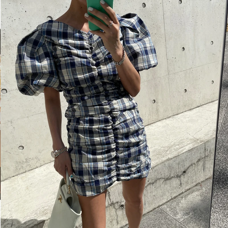 

Plaid summer woman dress o neck Drawstring Korean style Casual dresses for women Puff Sleeves Oversized Mini vestidos 2021